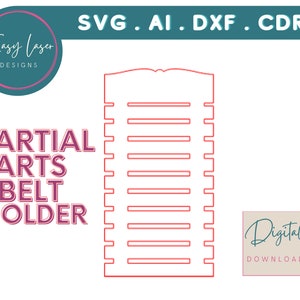 Może przedstawiać: Czerwony kontur uchwytu na pasy do sztuk walki z poziomymi szczelinami. Słowa "MARTIAL ARTS BELT HOLDER" są w fioletowej czcionce. Obraz zawiera również tekst "SVG . AI . DXF . CDR" i "Digital Download".