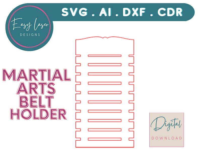 Pu&ograve; includere: Un contorno rosso di un porta cintura di arti marziali con fessure orizzontali. Le parole "MARTIAL ARTS BELT HOLDER" sono in un carattere viola. L'immagine include anche il testo "SVG . AI . DXF . CDR" e "Digital Download".