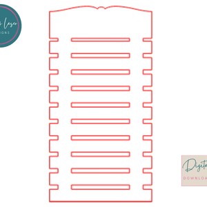 Pu&ograve; includere: Organizzatore rosso tagliato al laser con ripiani orizzontali e una parte superiore decorativa. Il design include il testo "Easy Laser Designs" in un cerchio turchese e "Digital Download" in un quadrato.