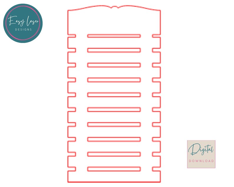 Pu&ograve; includere: Organizzatore rosso tagliato al laser con ripiani orizzontali e una parte superiore decorativa. Il design include il testo "Easy Laser Designs" in un cerchio turchese e "Digital Download" in un quadrato.