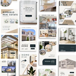 May include: A collage of images showcasing real estate listings. The images feature modern homes, both interior and exterior shots, with text overlays indicating prices and features. The text includes phrases like "Modern Home for Sale", "House for Sale", and "Own Your Dream Home".