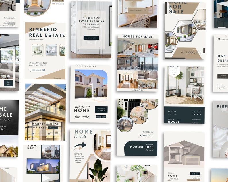 May include: A collage of images showcasing real estate listings. The images feature modern homes, both interior and exterior shots, with text overlays indicating prices and features. The text includes phrases like "Modern Home for Sale", "House for Sale", and "Own Your Dream Home".