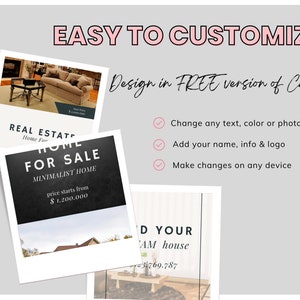 May include: Three images showing examples of real estate listings that can be customized using Canva. The first image shows a living room with a couch and coffee table. The second image shows a black and white photo of a house with the text "Home for Sale" and "Minimalist Home". The third image shows a living room with a wooden coffee table and the text "Dream House".