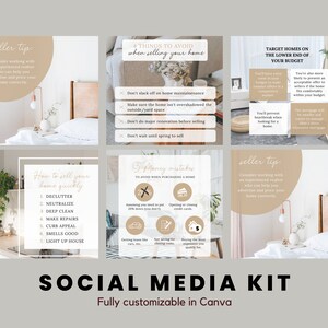 May include: A social media kit for real estate agents with tips on selling a home quickly, avoiding common mistakes when buying a home, and targeting homes on a budget. The kit features images of a bedroom, a kitchen, and a living room.