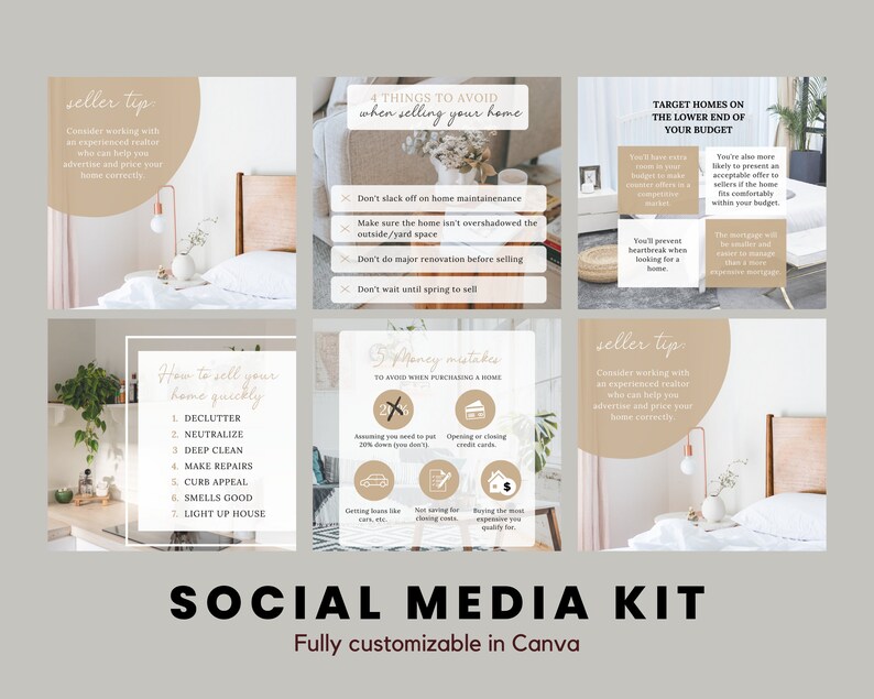 May include: A social media kit for real estate agents with tips on selling a home quickly, avoiding common mistakes when buying a home, and targeting homes on a budget. The kit features images of a bedroom, a kitchen, and a living room.