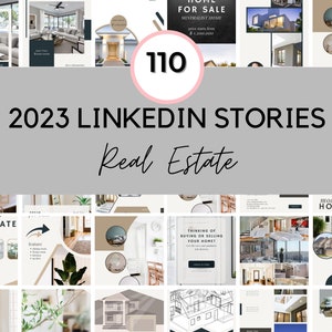 May include: A collage of 110 real estate themed images for use on LinkedIn stories. The images feature modern homes, interior design, and real estate marketing tips. The text "2023 LINKEDIN STORIES Real Estate" is displayed in the center of the collage.