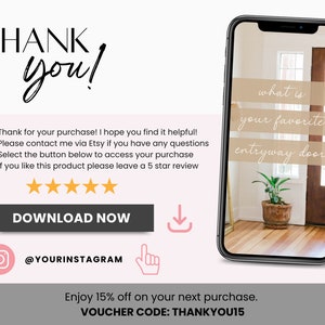 May include: A thank you card with a phone screen mockup showing a photo of a wooden entryway door with a potted plant. The text on the phone screen says "what is your favorite entryway door". The card also includes a 5-star rating, a download button, a social media handle, and a 15% off voucher code.