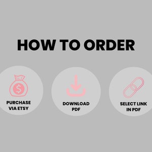 May include: How to order illustration with three icons. The first icon is a pink money bag with a dollar sign, and the text "Purchase via Etsy". The second icon is a pink downward arrow, and the text "Download PDF". The third icon is a pink chain link, and the text "Select Link in PDF".