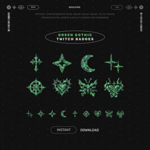 May include: A set of green gothic Twitch badges featuring diverse designs such as crosses, stars, and crescent moons. These digital assets are designed for streamers, with the text "GREEN GOTHIC TWITCH BADGES" and "INSTANT DOWNLOAD".