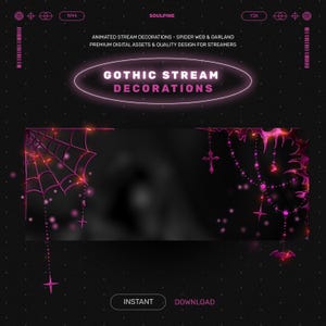 May include: Digital graphic assets featuring pink glowing spider webs and hanging garlands with crosses, stars, and bat shapes on a black background. Text includes SOULPINE, GOTHIC STREAM DECORATIONS, and INSTANT DOWNLOAD for streamers.