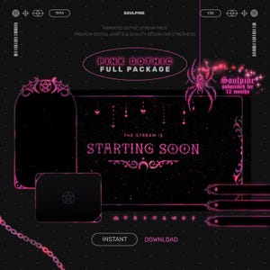 Peut inclure: Conception graphique numérique pour streamers, sur le thème gothique rose. Le design comprend un affichage principal avec le texte "STARTING SOON", un logo et d'autres éléments. Les mots "PINK GOTHIC FULL PACKAGE" sont également affichés.
