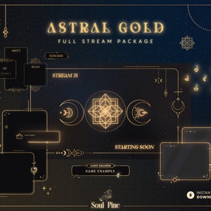 Astral Gold Stream Package, Golden TWITCH overlay, Celestial YOUTUBE & Vtuber assets, Starry night Twitch, Streaming Animated Overlays