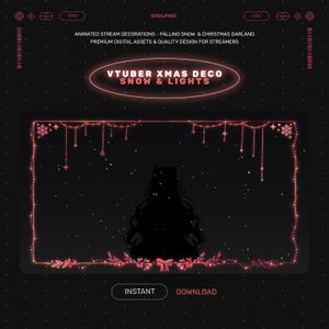 Op de afbeelding: Een digitaal grafisch ontwerp voor streamers. Het toont een zwart silhouet van een personage met lang haar, omlijst door een roze gloeiende rand met sneeuwvlok- en slingeraccenten. Tekst: "VTUBER XMAS DECO SNOW & LIGHTS".