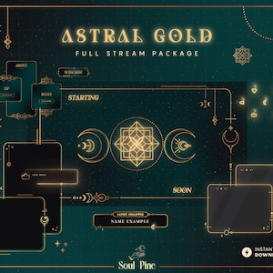 Astral Gold & Deep Green Stream Package: Animated Vtuber Twitch overlay