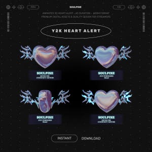 3D Heart Animated Twitch Alert : Holographic Blue Gem Y2K - Chrome Overlay