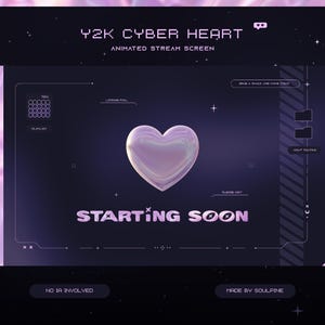 Könnte beinhalten: Ein digitaler animierter Stream-Bildschirm mit dem Thema Y2K Cyber Heart. Das Design zeigt ein großes, schillerndes Herz in der Mitte, mit den Worten "STARTING SOON" in einer futuristischen Schriftart. Der Hintergrund ist ein dunkles Lila mit Sterneneffekt.
