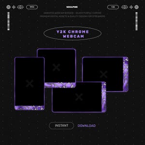 May include: A digital graphic design for streamers featuring a Y2K chrome webcam border. The design includes four black rectangles with purple and silver accents, set against a black background with white dots. The text reads "Y2K Chrome Webcam."