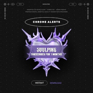 Puede incluir: Gráfico digital con un diseño de corazón cromado y el texto "CHROME ALERTS". El corazón está rodeado de púas moradas y el texto "SOULPINE SUBSCRIBED FOR 1 MONTHS" se muestra debajo. El fondo es negro.