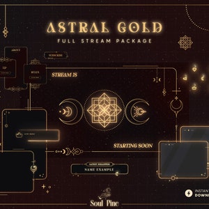 May include: A gold and black Twitch stream overlay package with the text "Astral Gold Full Stream Package" and "Stream 18" in a gold font. The overlay includes a variety of elements, such as a new follower alert, a starting soon screen, and a chat box.