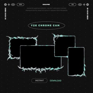 Puede incluir: Un diseño gráfico digital para streamers con un borde de webcam cromado Y2K. El diseño incluye detalles plateados y turquesas, con el texto "Y2K Chrome Cam", "Instant" y "Download" sobre un fondo negro.