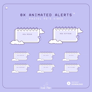 Animated Alerts For Twitch, Youtube - Pale Purple Alerts, Soft Pastel Clouds Y2K, 90s 2000, Stationery Aesthetic