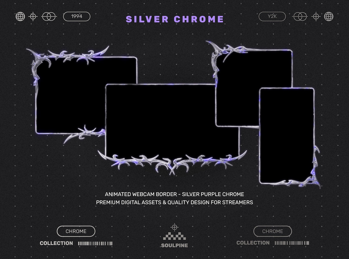 Chrome Y2K Animated Webcam Frames: Silver Purple Stream Borders for ...