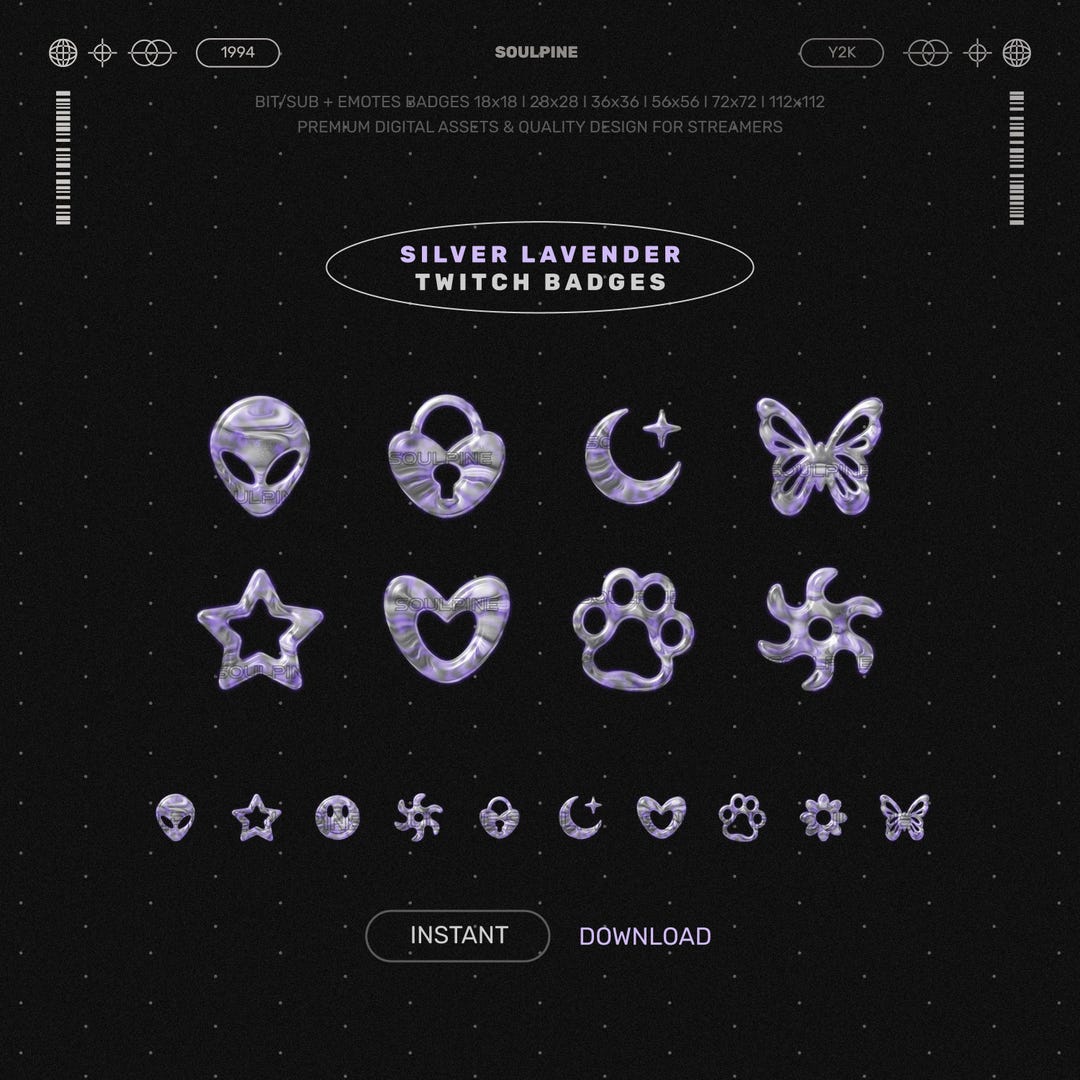 Silver Lavender Twitch Sub & Bit Badges + Y2K Cyber Emotes (Alien ...