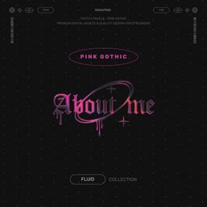 Peut inclure: Conception graphique numérique sur fond noir avec motif quadrillé. Le texte "PINK GOTHIC" est dans un ovale rose. Les mots "About me" sont dans une police stylisée et dégoulinante. Le design comprend le texte "FLUID COLLECTION".