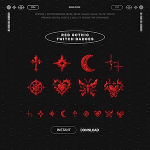 Red Gothic Twitch Sub & Bit Badges: Crimson Goth Badges Pack (Crucifix, Butterfly, Heart)