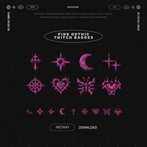Pink Gothic Twitch Sub & Bit Badges : Emo Goth Badges Pack (Crucifix, Butterfly, Heart)