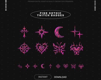 Pink Gothic Twitch Sub & Bit Badges : Emo Goth Badges Pack (Crucifix, Butterfly, Heart)