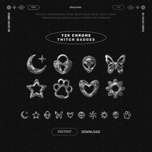 Chrome Twitch Sub & Bit Badges +  Y2K Emotes CyberSigilism (Alien, Butterfly, Heart, Moon, Paw)