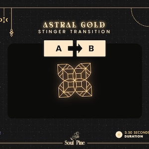 May include: A gold geometric shape with a black background. The shape is a stylized flower with four petals. The text "Astral Gold Stinger Transition" is above the shape. The text "A" and "B" are on either side of an arrow pointing to the right. The text "3.30 Seconds Duration" is below the shape.