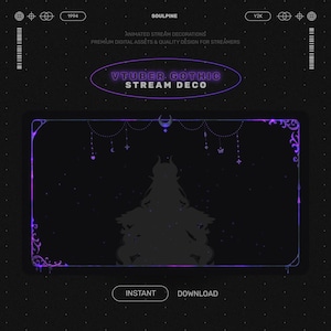 May include: A digital graphic with a dark background featuring a purple frame and a silhouette of a character. The text "VTUBER GOTHIC STREAM DECO" is displayed in a purple oval. Additional text includes "ANIMATED STREAM DECORATIONS" and "INSTANT DOWNLOAD".