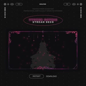 May include: A digital graphic with a black background and pink accents. The text "VTUBER GOTHIC STREAM DECO" is displayed in a pink oval. The image features a silhouette of a character and the words "INSTANT" and "DOWNLOAD".