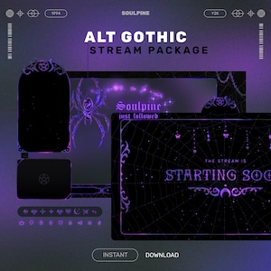 May include: A digital stream package featuring purple and black graphics with spider web patterns, pentagram icons, and gothic typography. The text reads ALT GOTHIC STREAM PACKAGE, SOULPINE, THE STREAM IS STARTING SOON, and JUST FOLLOWED.