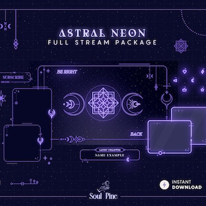 Astral Neon Streaming package for TWITCH - YOUTUBE, Purple Glow - Cyber, Geometric and Boho vibes, Overlay, Alert, Panel, Dark