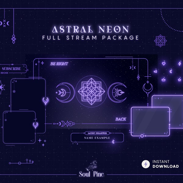 Astral Neon Streaming package for TWITCH - YOUTUBE, Purple Glow - Cyber, Geometric and Boho vibes, Overlay, Alert, Panel, Dark