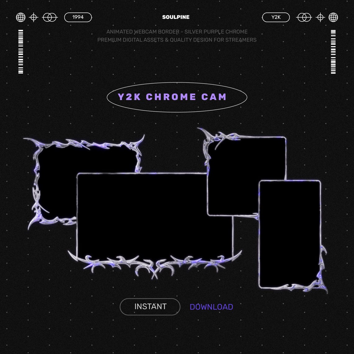 Chrome Y2K Animated Webcam Frames: Silver Purple Stream Borders for ...