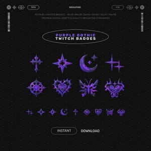 Purple Gothic Twitch Sub Badges & Bit Badges - Amethyst Goth Pack (Crucifix, Heart, Spider, Moon)