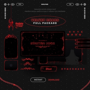 Könnte beinhalten: Ein digitales Designpaket mit einem gotischen Thema. Das Design hat einen schwarzen Hintergrund mit roten Akzenten, einschließlich des Textes "VELVET CHAOS FULL PACKAGE" und "STARTING SOON". Das Paket enthält verschiedene Elemente wie eine Spinne, dekorative Ränder und Schaltflächen.