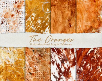 Peut inclure: Huit textures de papier numérique abstraites dans des tons d'orange, de brun et de blanc. Les textures sont peintes à la main et présentent une variété de motifs, notamment des points, des volutes et des lignes. Le titre "The Oranges" est affiché au-dessus des textures, ainsi que le texte "8 Textures acryliques artisanales".