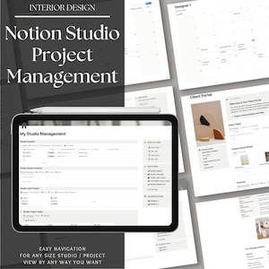 Puede incluir: Una captura de pantalla de un espacio de trabajo de Notion para la gestión de proyectos de diseño de interiores. El espacio de trabajo incluye un calendario, un portal de clientes, un tablero de proyectos y herramientas de gestión de estudio. El texto "Notion Studio Project Management" se muestra en la parte superior de la imagen.