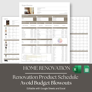 Home Renovation Google Sheets and Excel Product Specification Template, Finishes FF&E Furniture Schedule