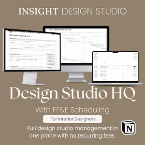 Könnte beinhalten: Ein Screenshot eines Computerbildschirms, der die Software "Design Studio HQ V2.0" mit dem Text "Insight Design Studio" und "Design Studio HQ with FF&E Scheduling" in großer Schrift zeigt. Der Text "For Interior Designers" ist in kleinerer Schrift. Der Text "Full design studio management in one place with no recurring fees." ist in kleinerer Schrift. Der Text "N" ist in großer Schrift.