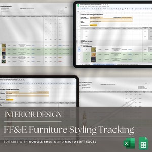 Puede incluir: Una plantilla de hoja de cálculo de diseño de interiores en una tableta y papel impreso. La hoja de cálculo se titula "Especificaciones de mobiliario y estilo". La imagen incluye el texto "INTERIOR DESIGN FF&E Furniture Styling Tracking".