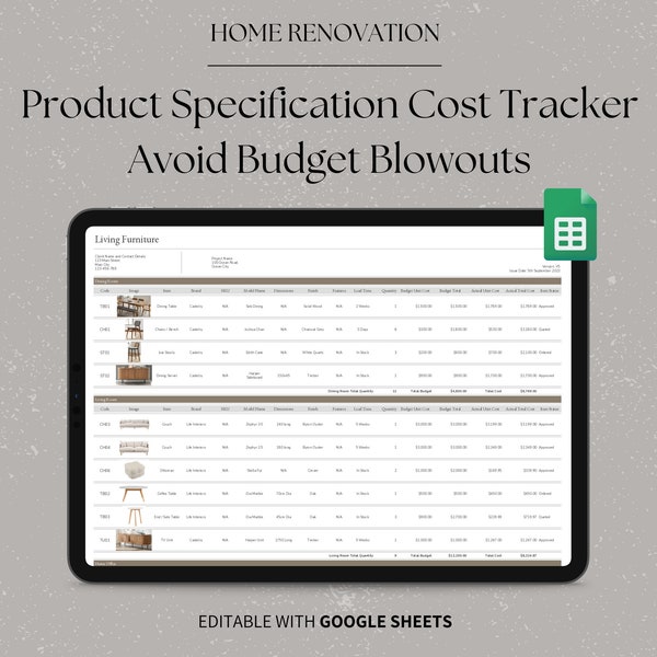 Home Renovation Google Sheets Product Specification Template, Finishes FF&E Furniture Schedule