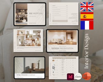 Interior Design Foundational Design Trio - Fee Proposal, FFE Finishes Schedule Design Presentation Canva Powerpoint InDesign Spanish French