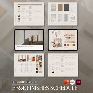 May include: Interior design mood board with a color palette of beige, brown, and green. The mood board includes a floor plan, a room rendering, and a list of finishes. The text "FF&E Finishes Schedule" is displayed at the bottom of the mood board.