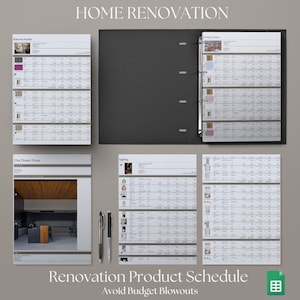 May include: A home renovation product schedule displayed on a gray background. The image includes a black binder, several sheets with product details, and the text "HOME RENOVATION" and "Renovation Product Schedule Avoid Budget Blowouts".